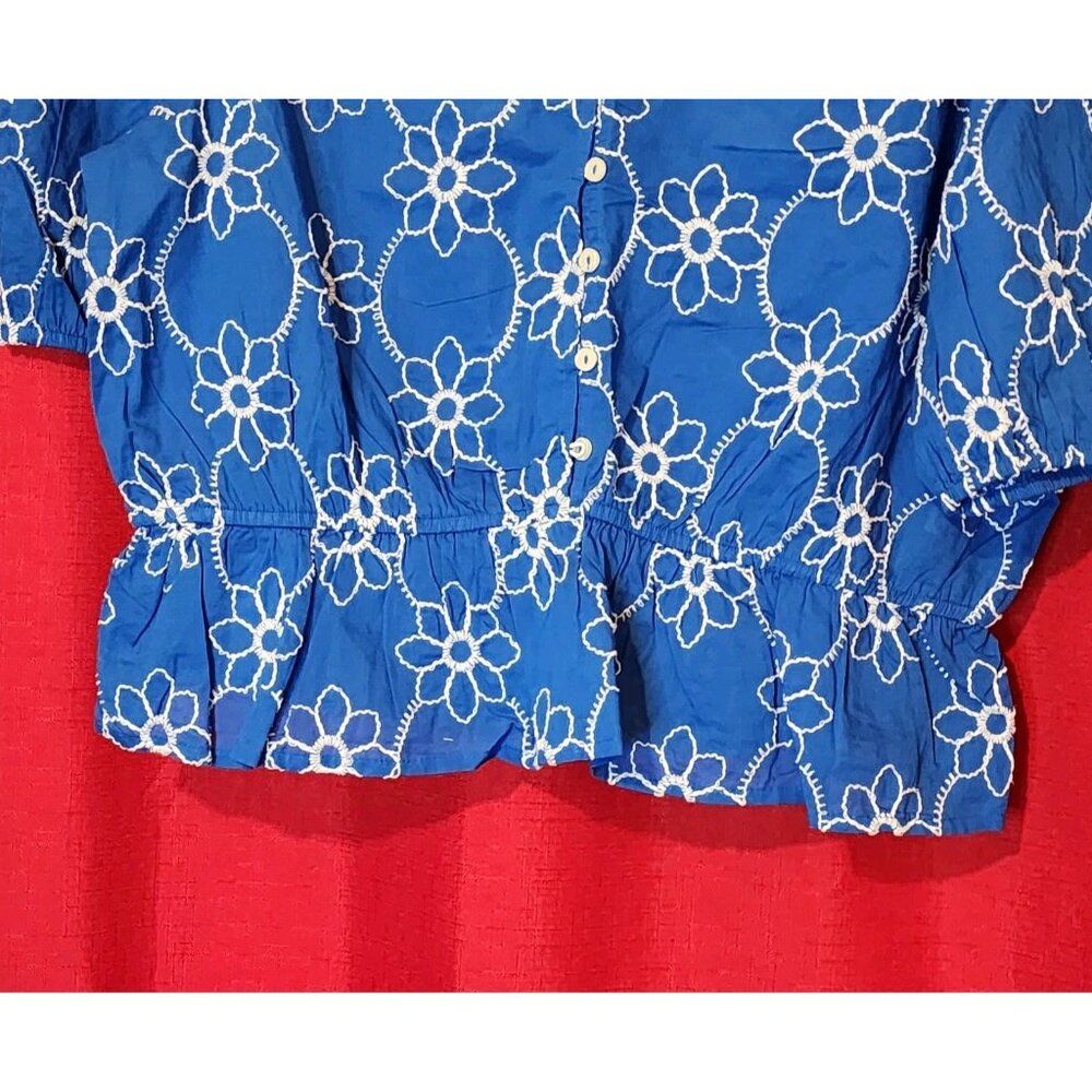Calligraphie Women's Blouse Embroidered V-neck Button Down Blue White Size Large - Picture 4 of 15
